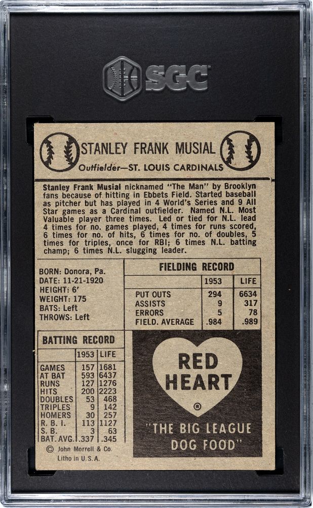 1954 STAN MUSIAL RED HEART DOG FOOD SGC 4.5