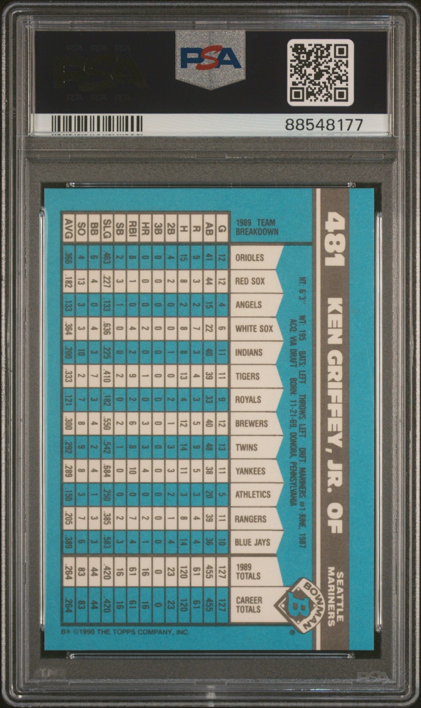 1990 BOWMAN KEN GRIFFEY JR. TIFFANY #481 PSA/DNA 10