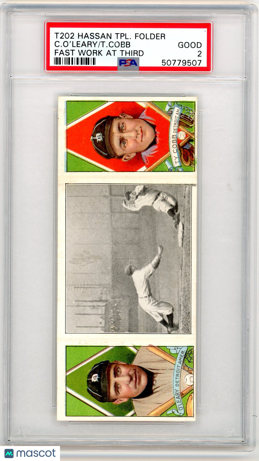 1912 T202 Hassan Triple Folder T. Cobb C. O'leary Fast Work At Third PSA 2