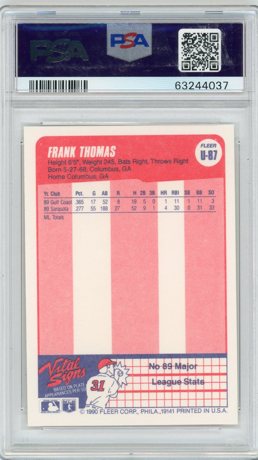1990 Fleer Update Frank Thomas #U-87 PSA 10 Auto 10