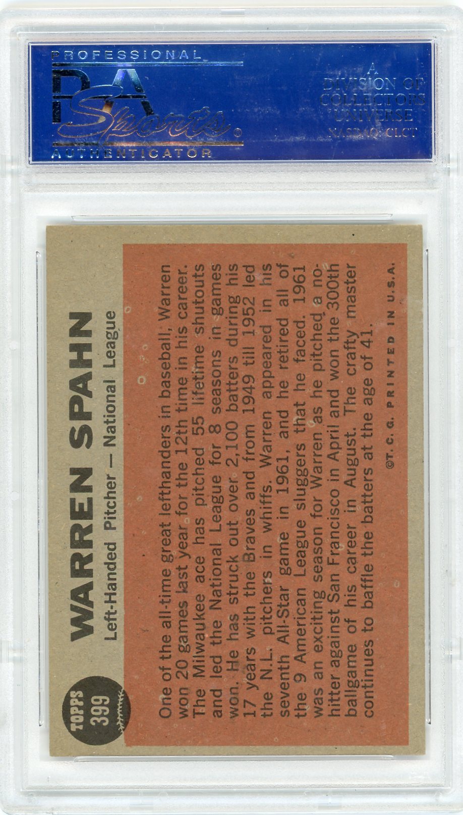 1962 Topps Warren Spahn #399 All Star PSA 7