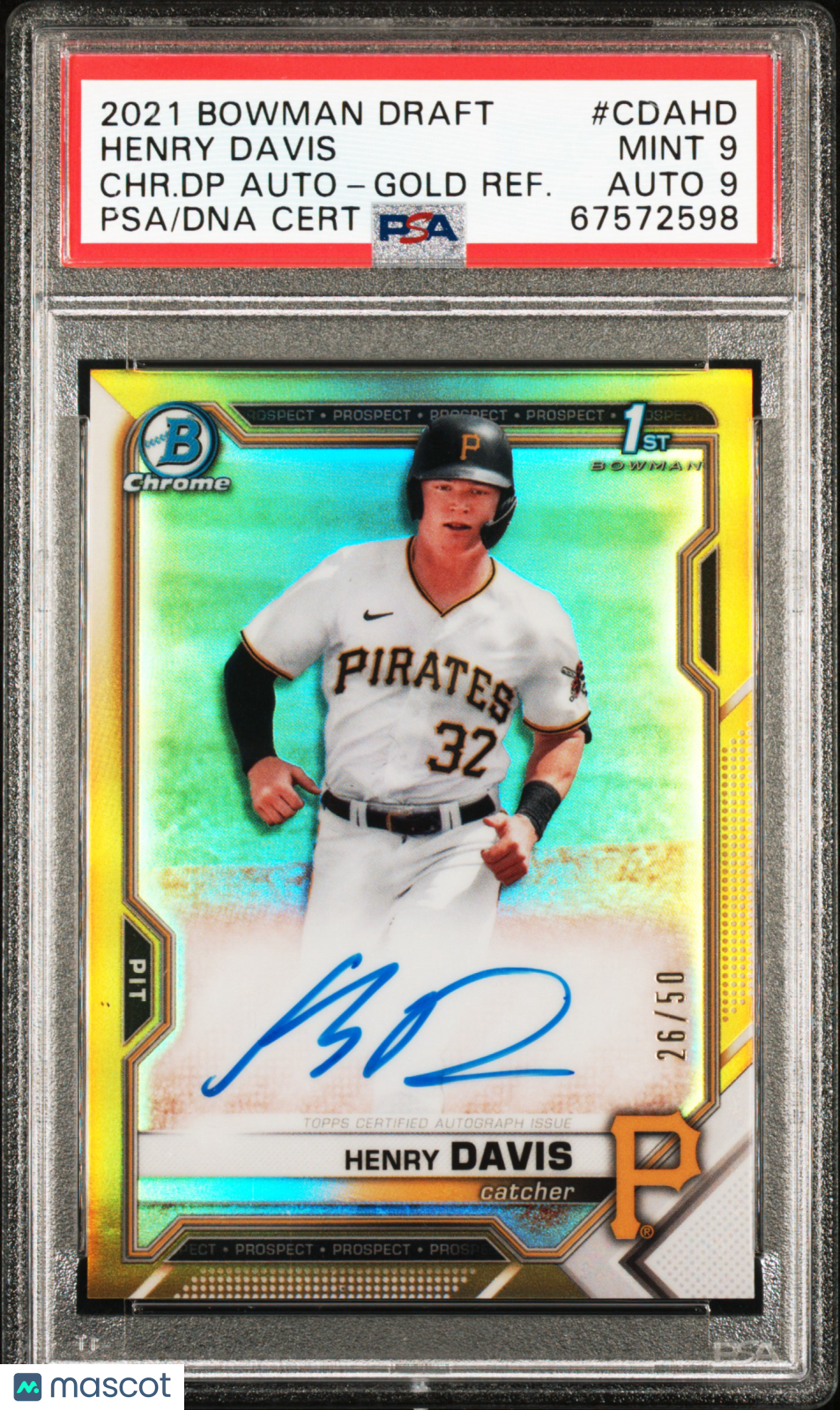 2021 Bowman Draft Chrome Auto Henry Davis #CDAHD Gold Refractor PSA 9 /50 Auto 9