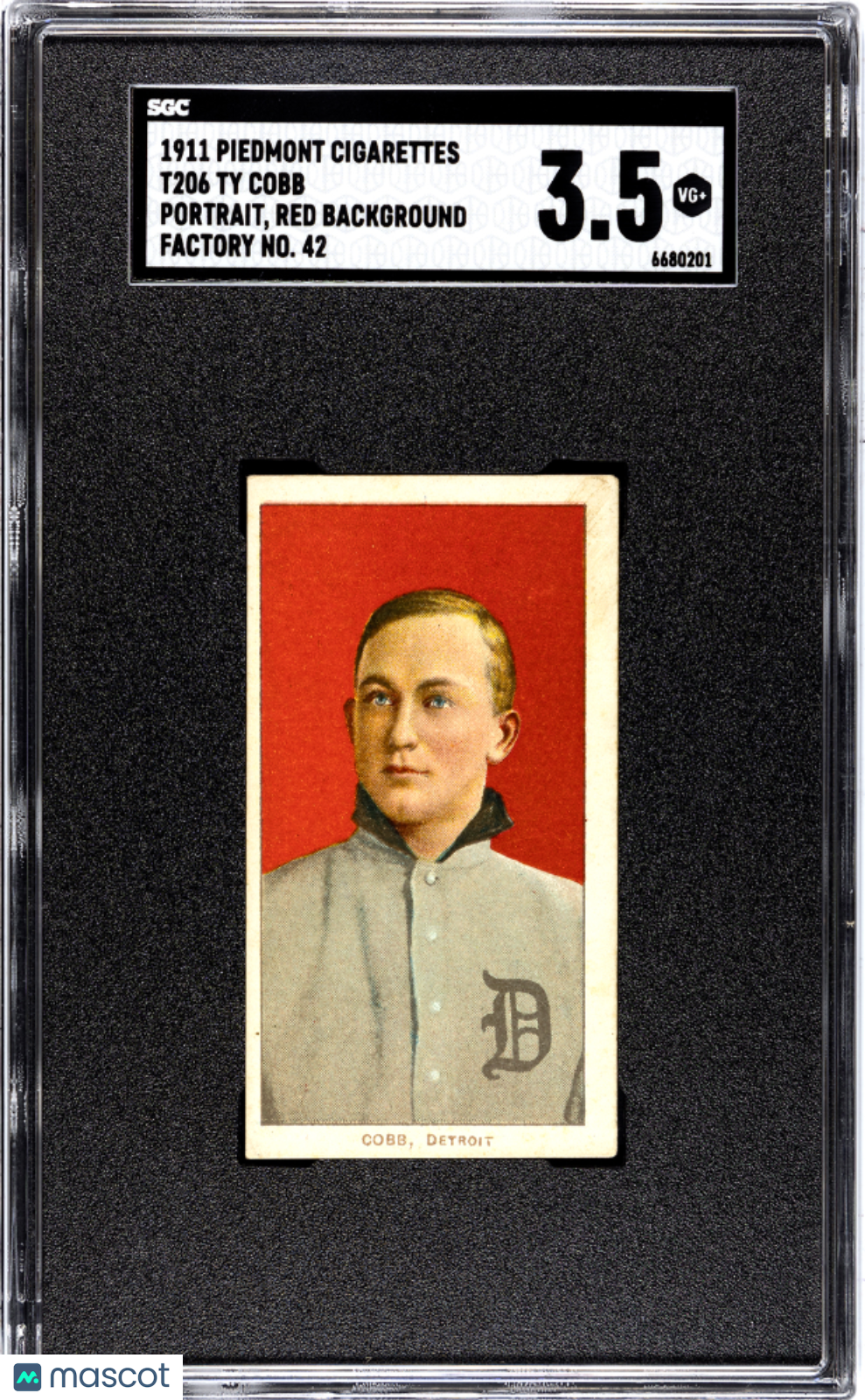 1911 Piedmont Cigarettes (T206) Ty Cobb Portrait, Red Background Factory No. 42 SGC 3.5