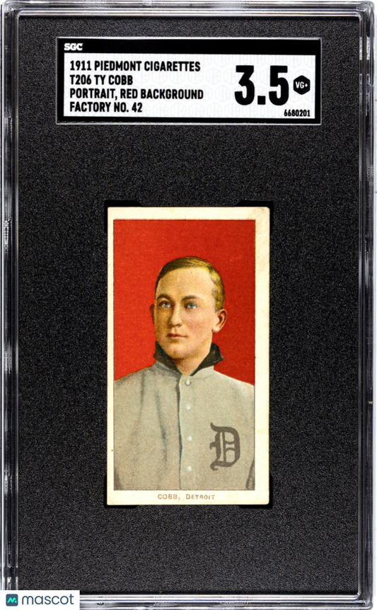 1911 Piedmont Cigarettes (T206) Ty Cobb Portrait, Red Background Factory No. 42 SGC 3.5