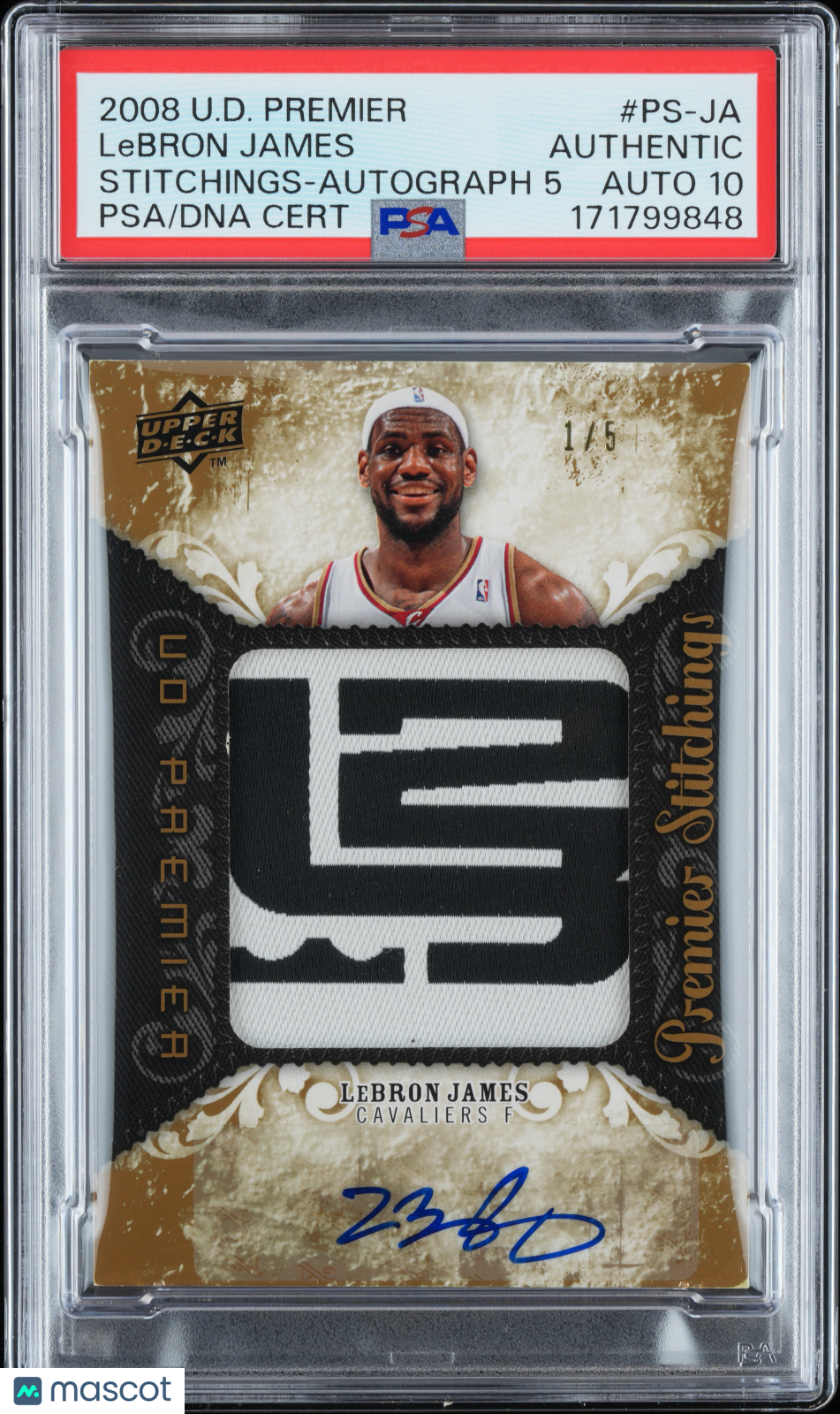 2008 Upper Deck Premier Stitchings LeBron James #PS-JA Auto 5 PSA A /5 Auto 10