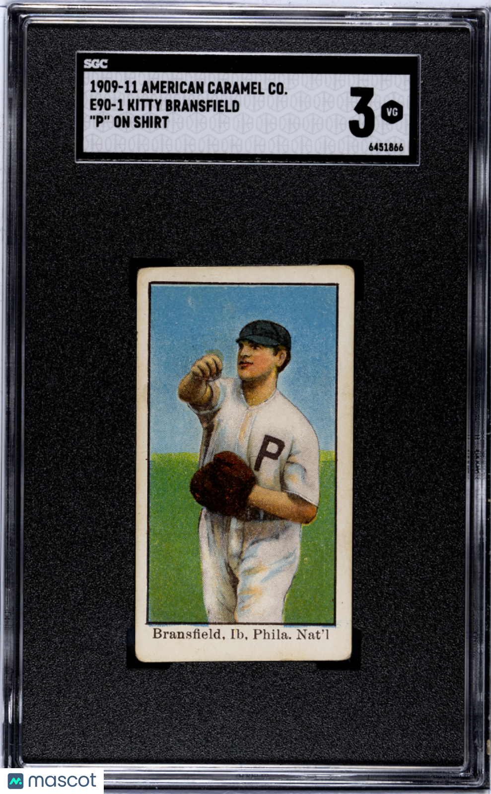 1909 American Caramel Co. (E90-1) Kitty Bransfield "P" On Shirt SGC 3