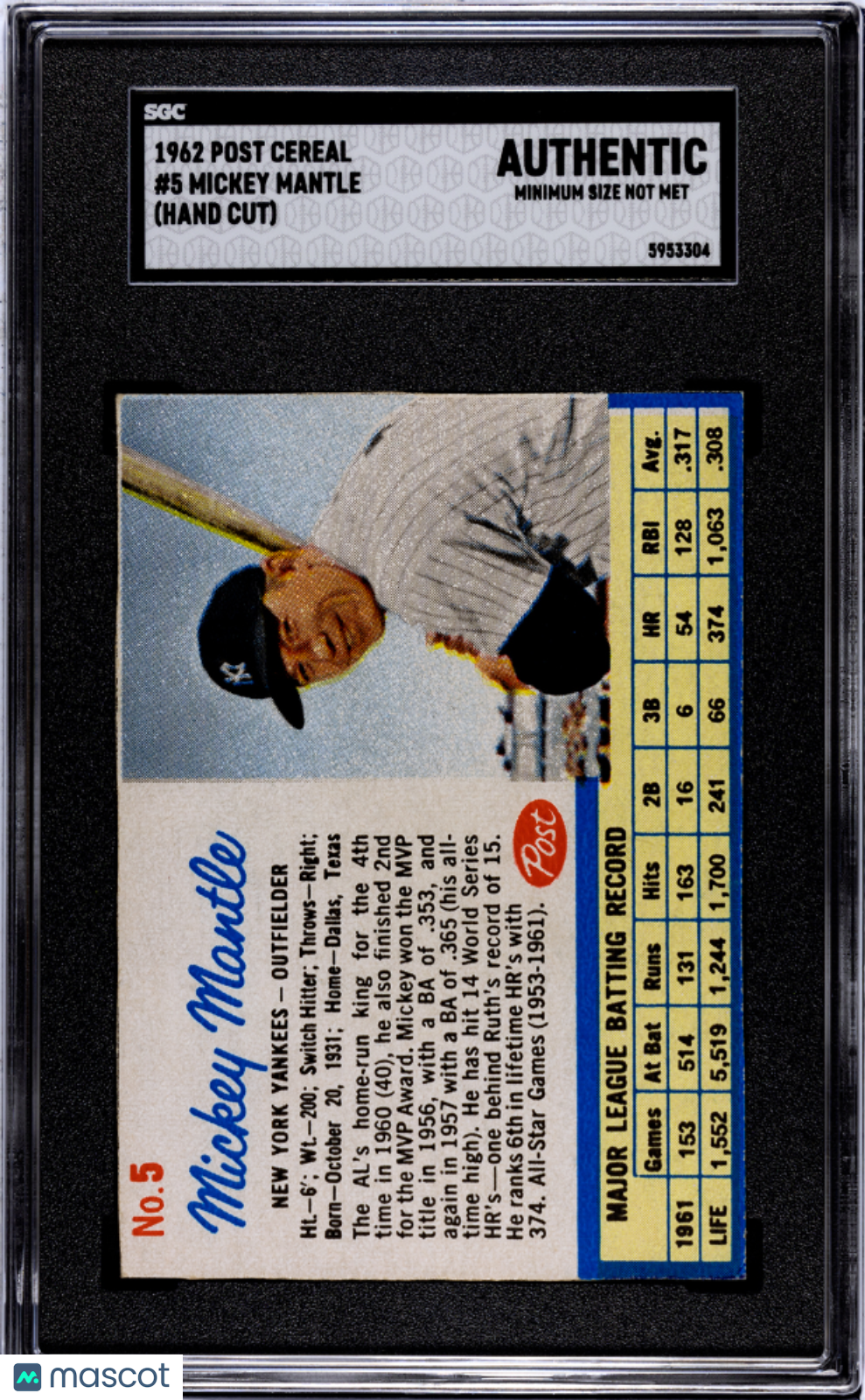 1962 Post Cereal Mickey Mantle #5 SGC A