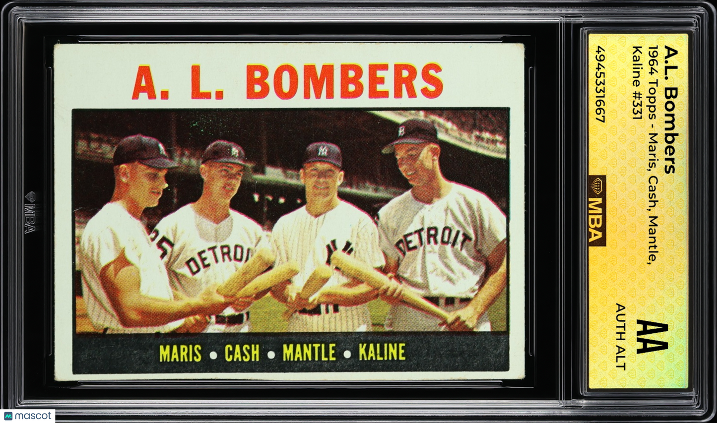 1964 Topps A.L. Bombers #331 Maris, Cash, Mantle, Kaline MBA Authentic Altered