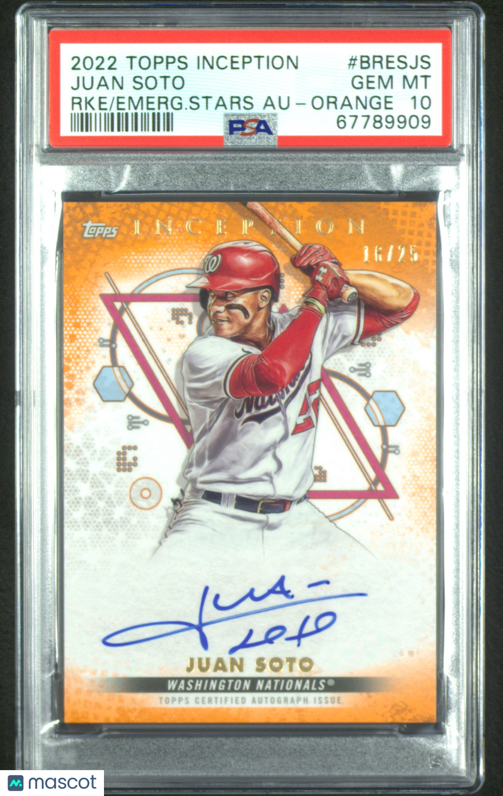 2022 Topps Inception Rookie And Emerging Stars Auto Juan Soto Orange PSA 10 /25