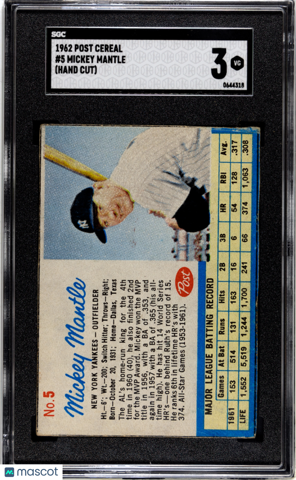 1962 Post Cereal Mickey Mantle #5 SGC 3