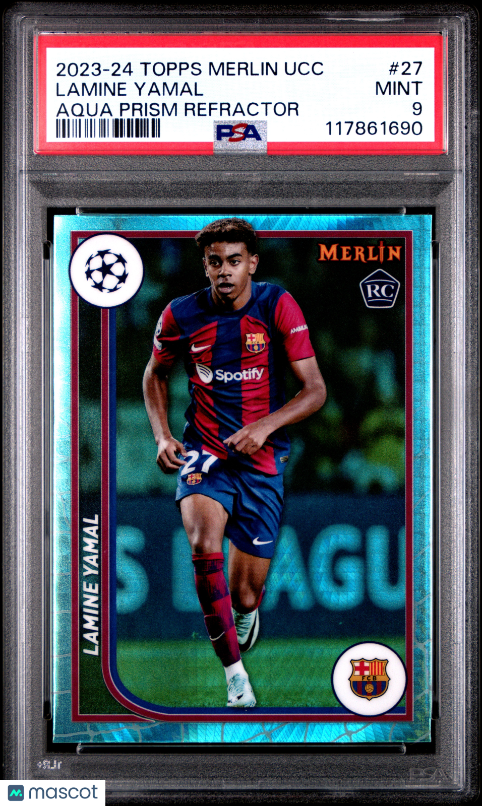 2023-24 Topps Merlin UEFA Club Comp Lamine Yamal #27 Aqua Prism Refractor PSA 9