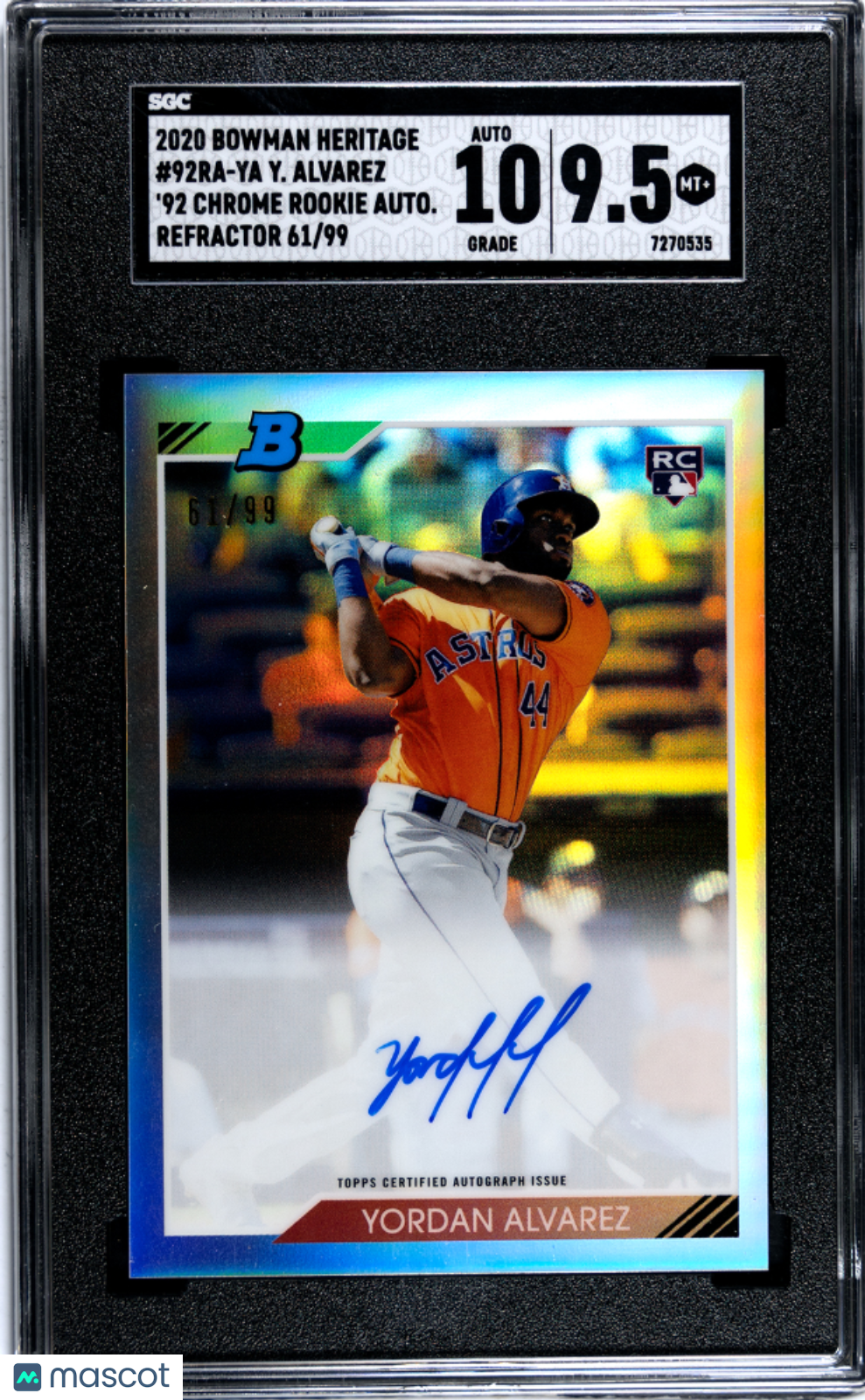 2020 Bowman Heritage Yordan Alvarez Chrome Rookie Auto Refractor SGC 9.5 Auto 10