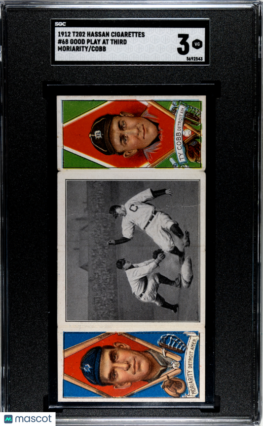 1912 T202 Hassan Cigarettes Good Play At Third #68 Moriarity Cobb SGC 3