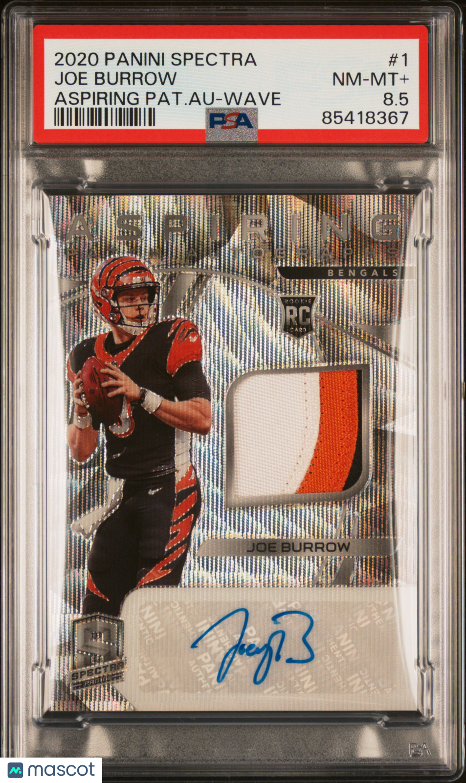 2020 Panini Spectra Aspiring Patch Autographs Joe Burrow #1 Pat. Au Wave PSA 8.5