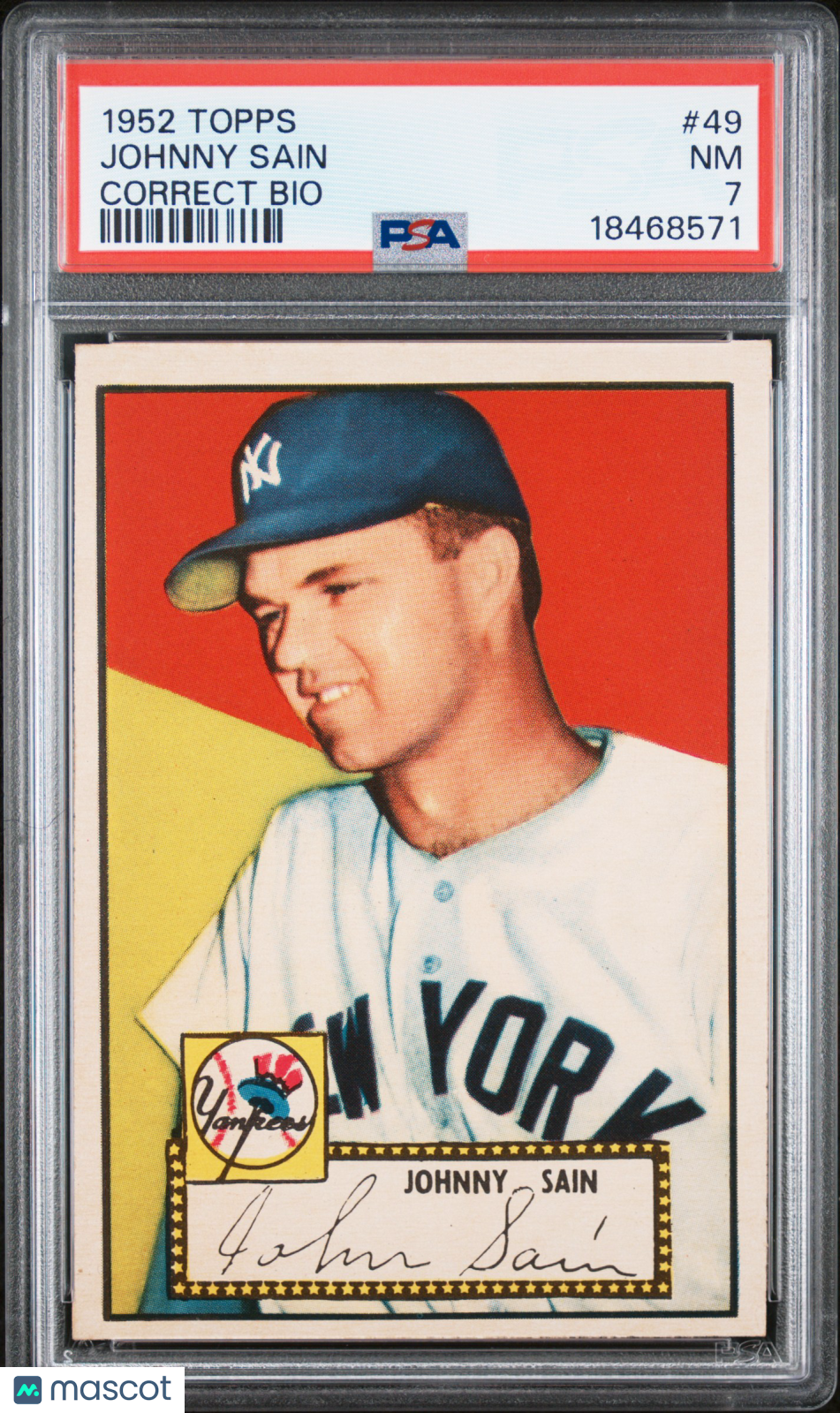 1952 Topps Johnny Sain #49 Correct Bio PSA 7
