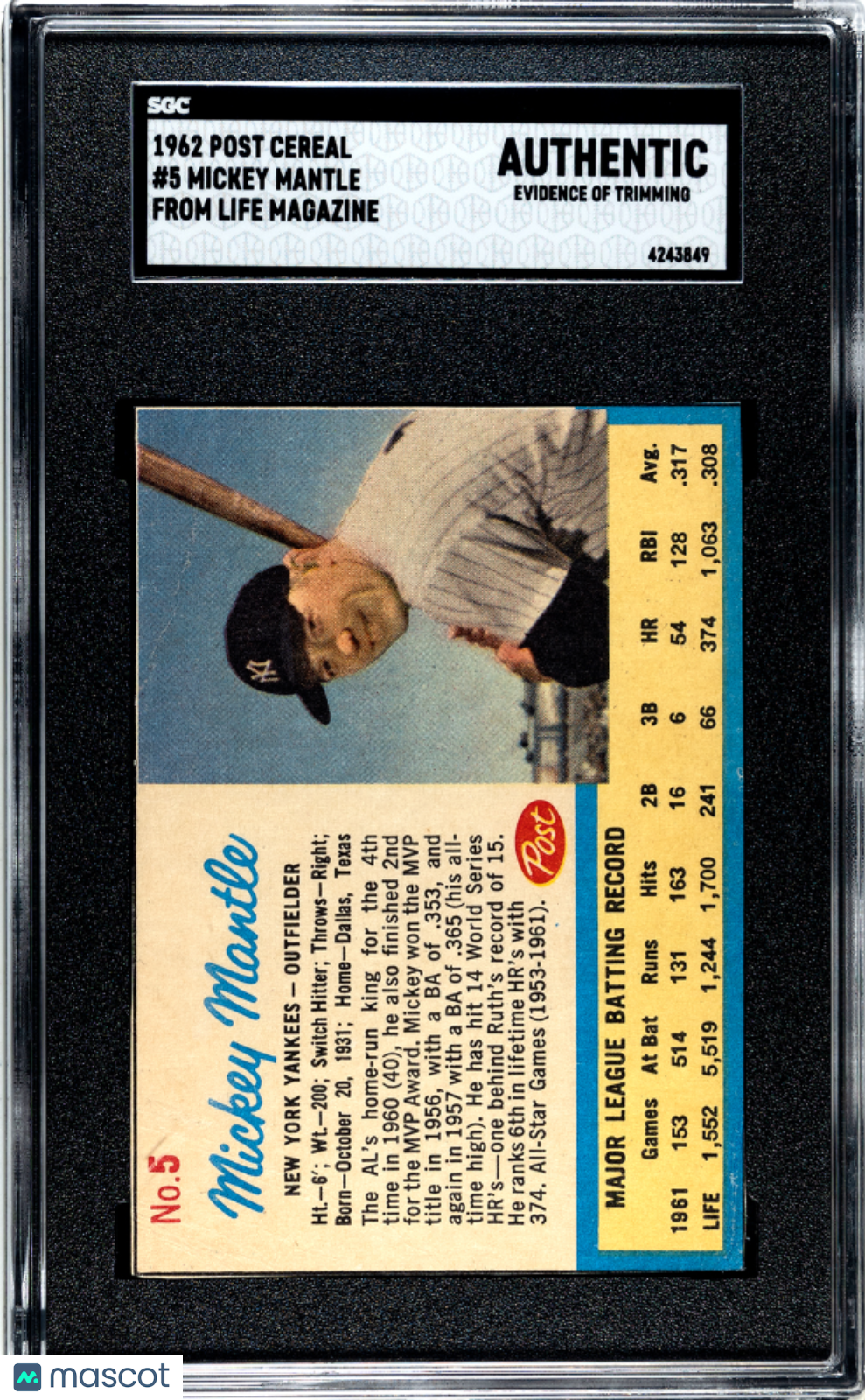 1962 Post Cereal Mickey Mantle #5 From Life Magazine SGC A