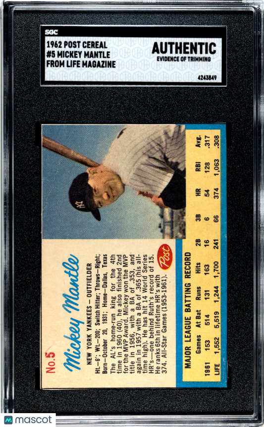1962 Post Cereal Mickey Mantle #5 From Life Magazine SGC A