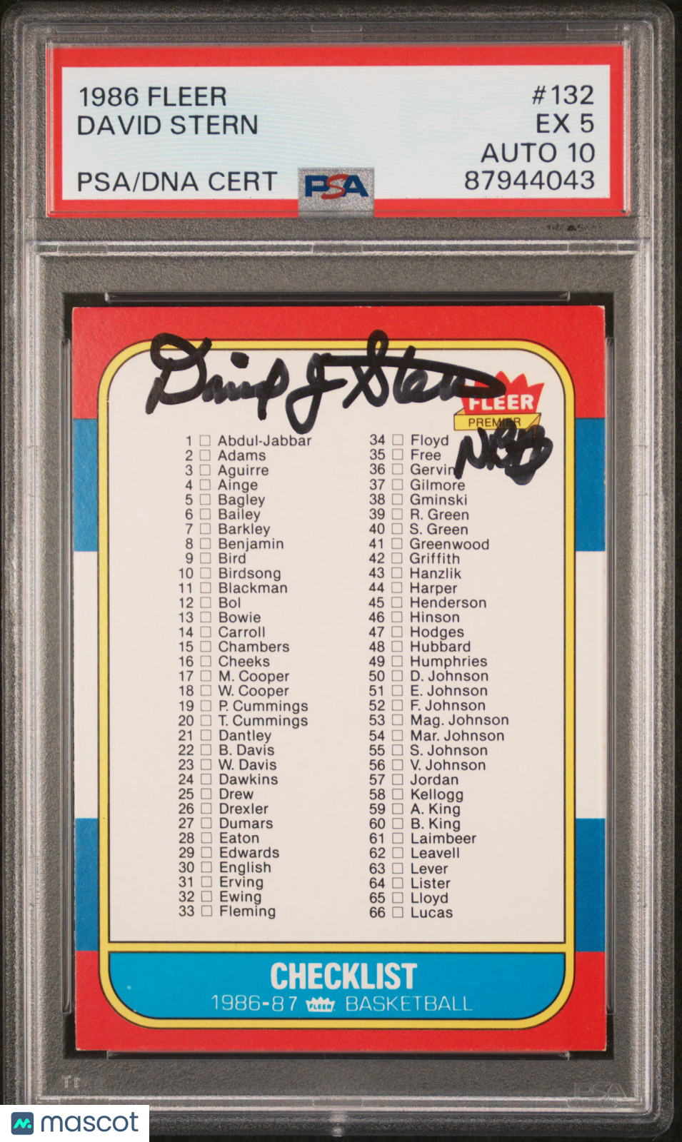 1986 Fleer Checklist 1-132 #132 PSA 5 Auto 10