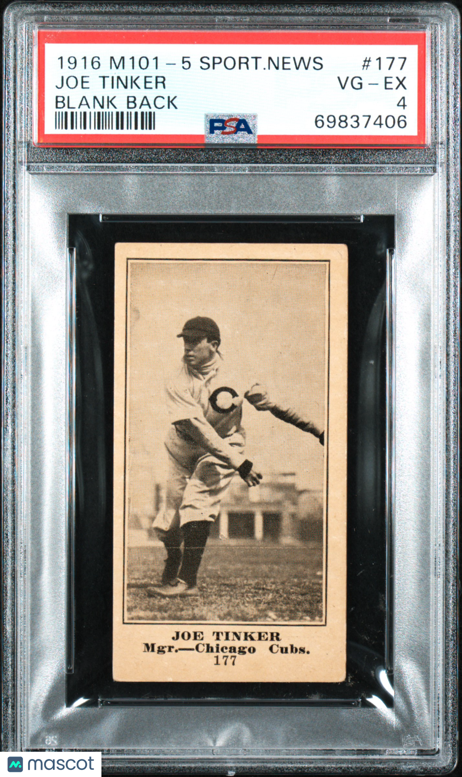 1916 M101-5 Sporting News Joe Tinker #177 Blank Back PSA 4