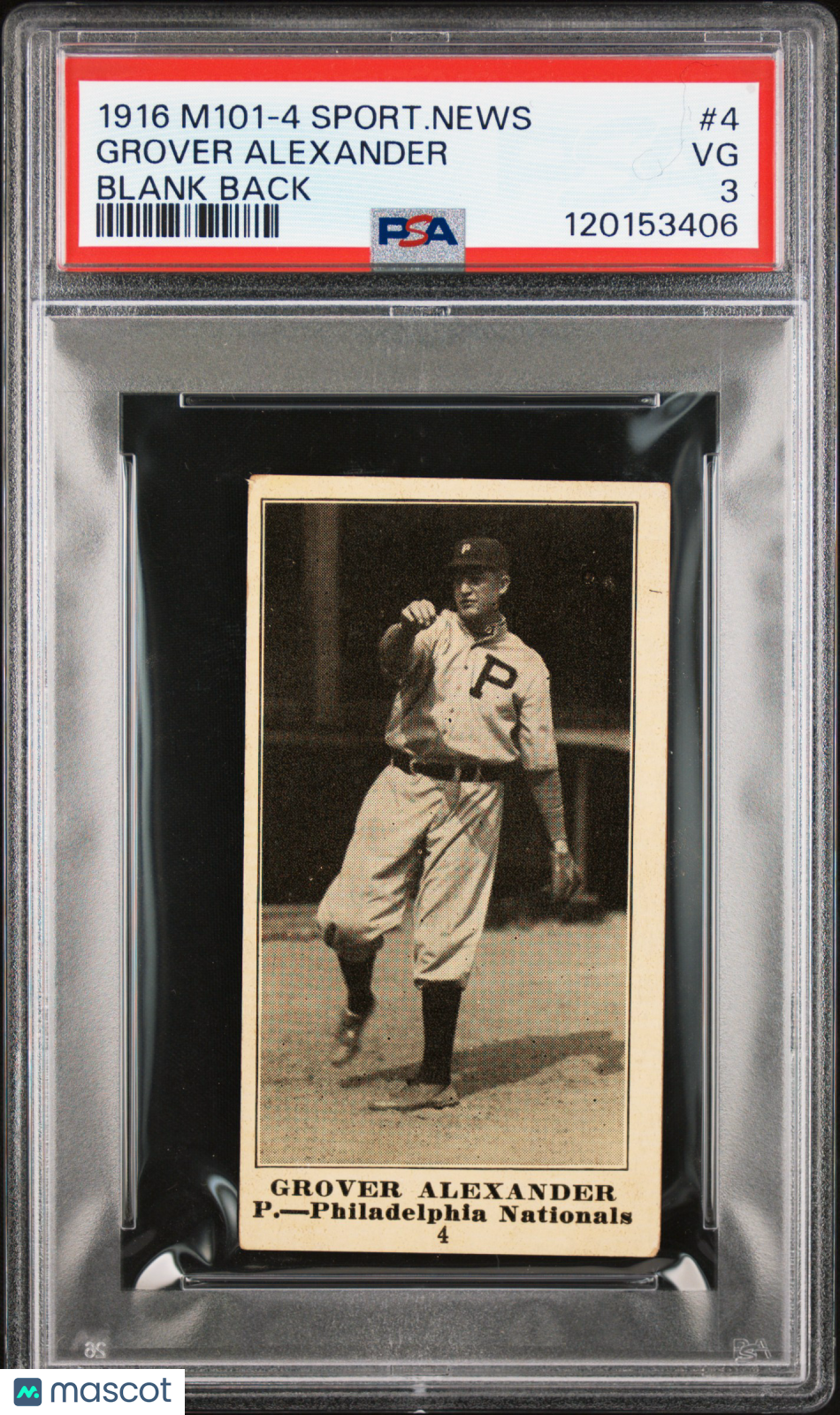 1916 M101-4 Sporting News Grover Alexander #4 Blank Back PSA 3