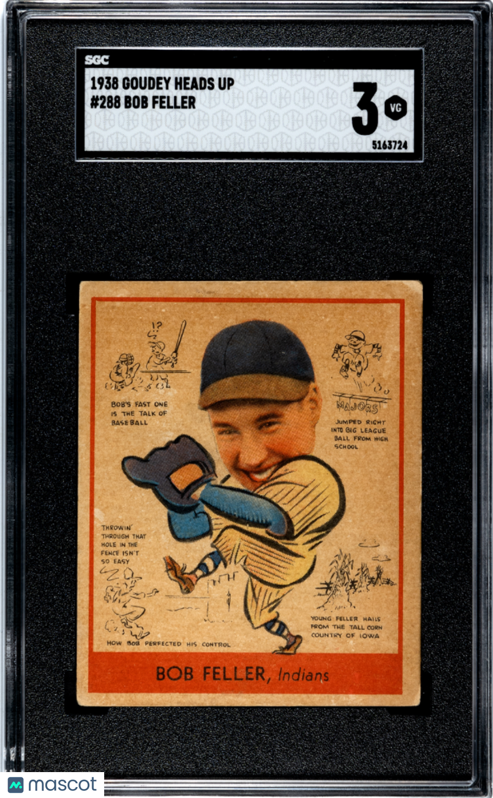 1938 Goudey Heads Up Bob Feller #288 SGC 3