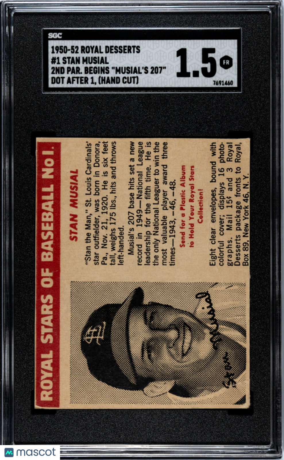 1950 Royal Desserts Stan Musial #1 (Hand Cut) SGC 1.5
