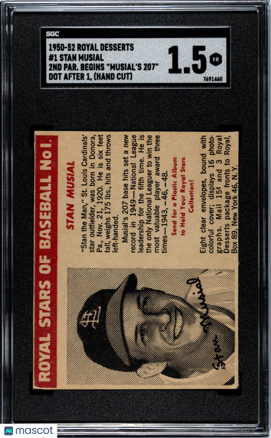 1950 Royal Desserts Stan Musial #1 (Hand Cut) SGC 1.5
