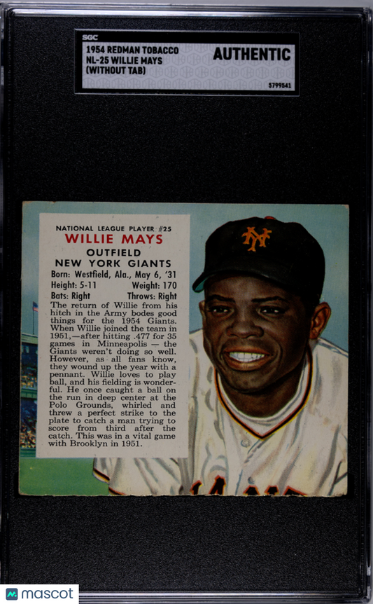 1954 Redman Tobacco Willie Mays #NL-25 (Without Tab) SGC A