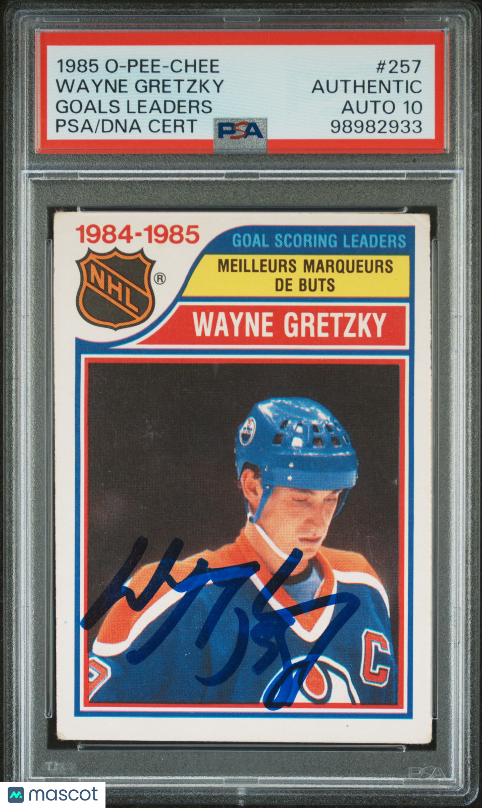 1985 O-Pee-Chee Wayne Gretzky #257 Goals Leaders PSA A Auto 10