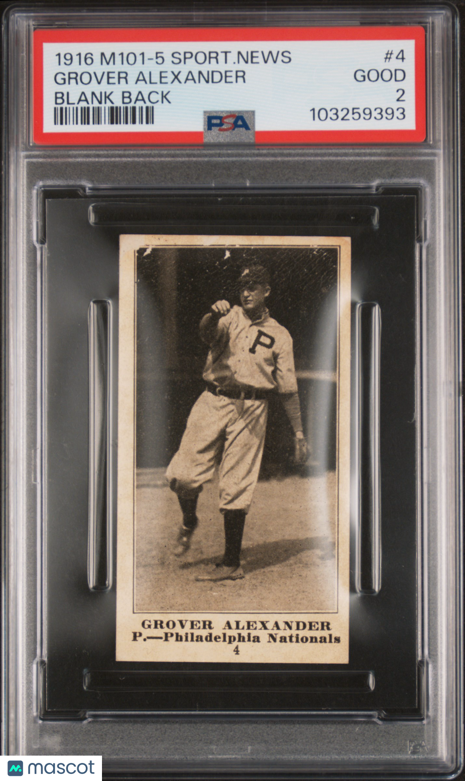 1916 M101-5 Sporting News Grover Alexander #4 Blank Back PSA 2