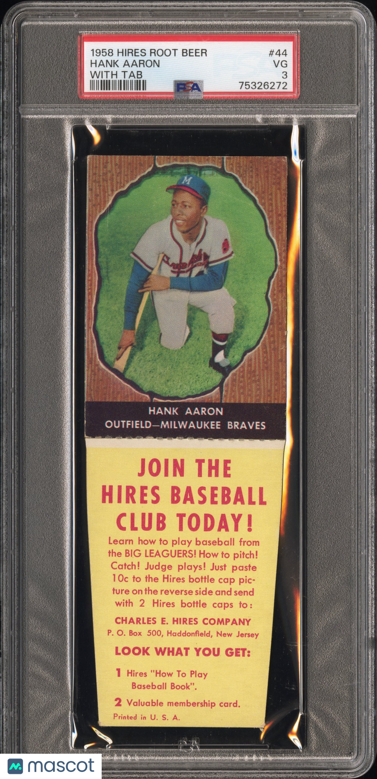 1958 Hires Root Beer Hank Aaron #44 With Tab PSA 3