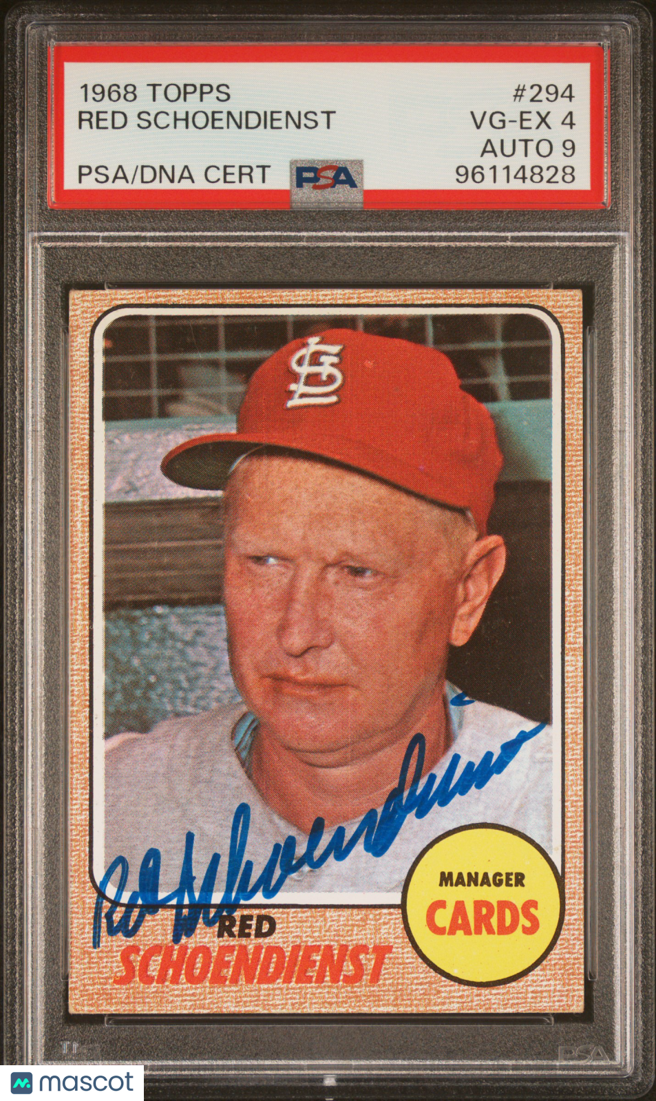 1968 Topps Red Schoendienst #294 PSA 4 Auto 9