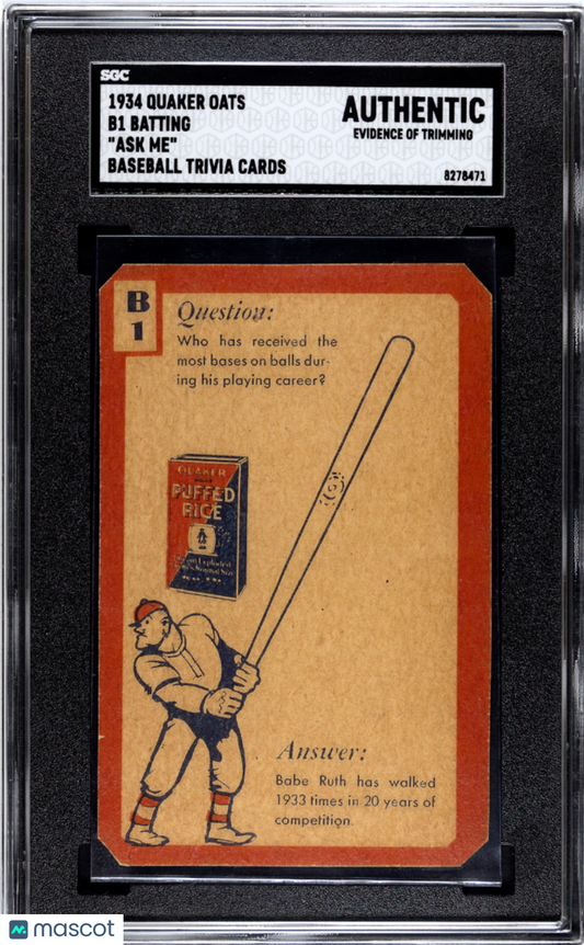 1934 Quaker Oats (F4) Batting "ask Me" Baseball Trivia Cards SGC A