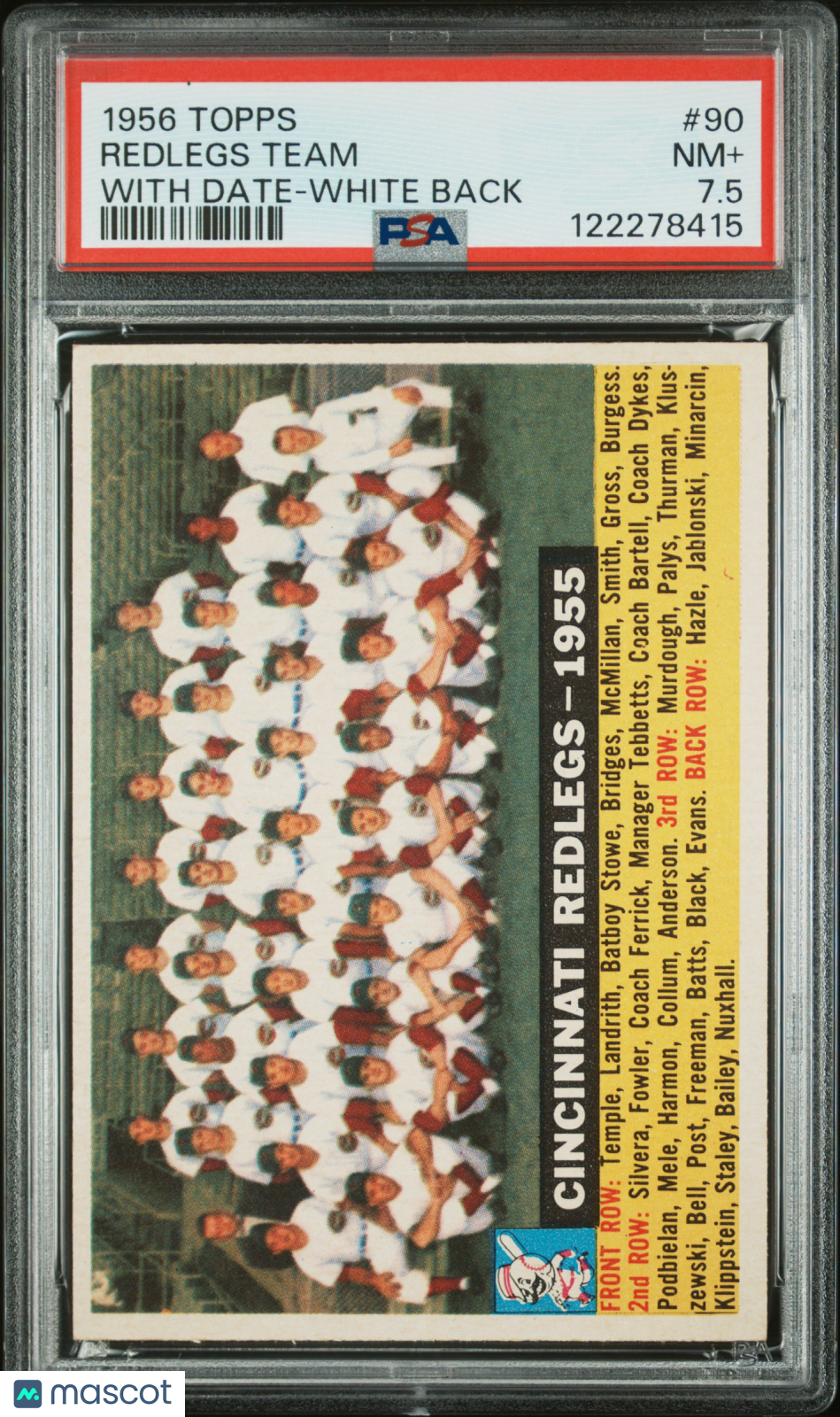 1956 Topps Redlegs Team #90 With Date White Back PSA 7.5
