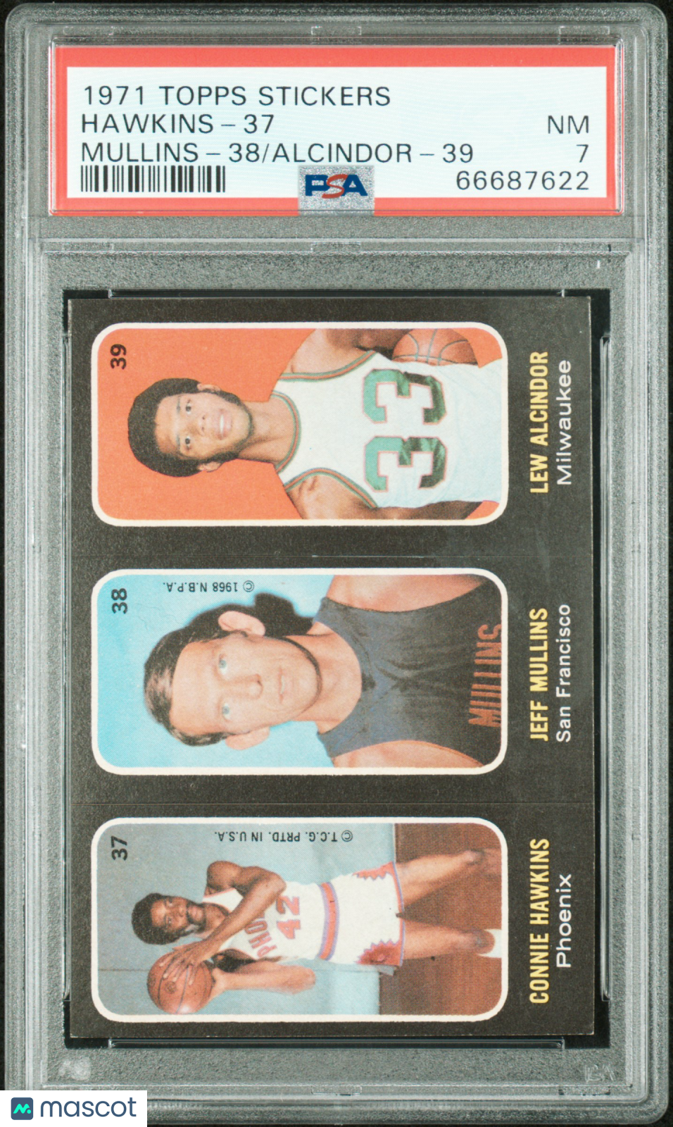 1971 Topps Stickers Hawkins-37 Mullins 38 Alcindor 39 PSA 7