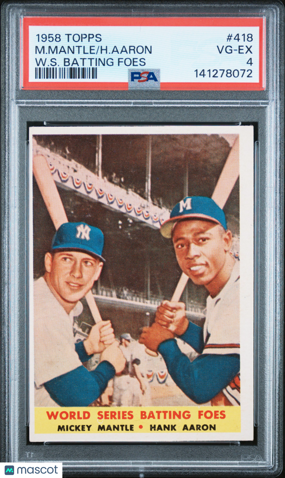 1958 Topps H. Aaron M. Mantle #418 W. S. Batting Foes PSA 4