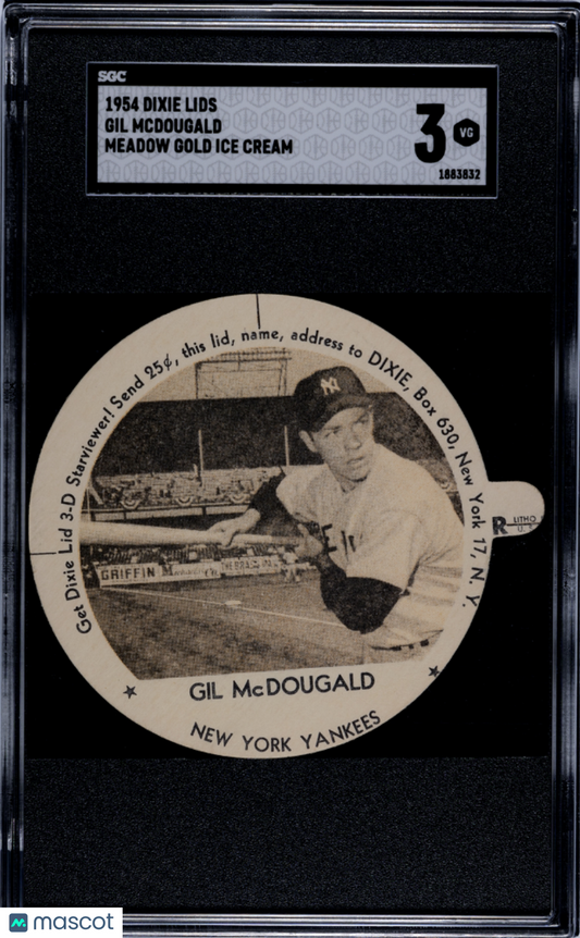 1954 Dixie Lids Gil Mcdougald Meadow Gold Ice Cream SGC 3