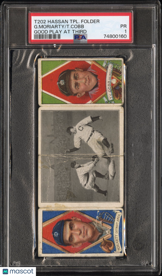 1912 T202 Hassan Triple Folder T. Cobb G. Moriarty Good Play At Third PSA 1