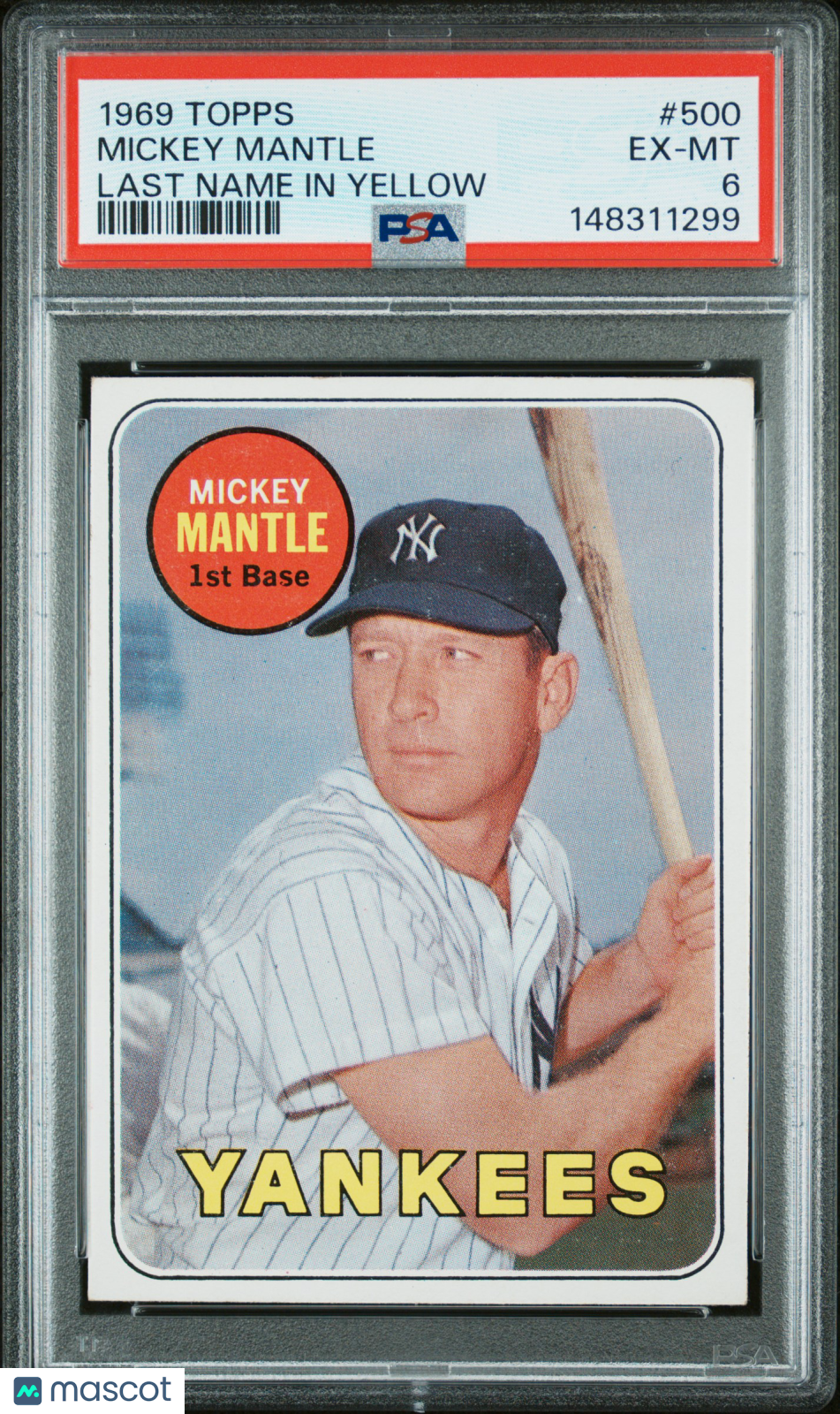 1969 Topps Mickey Mantle #500 Last Name In Yellow PSA 6