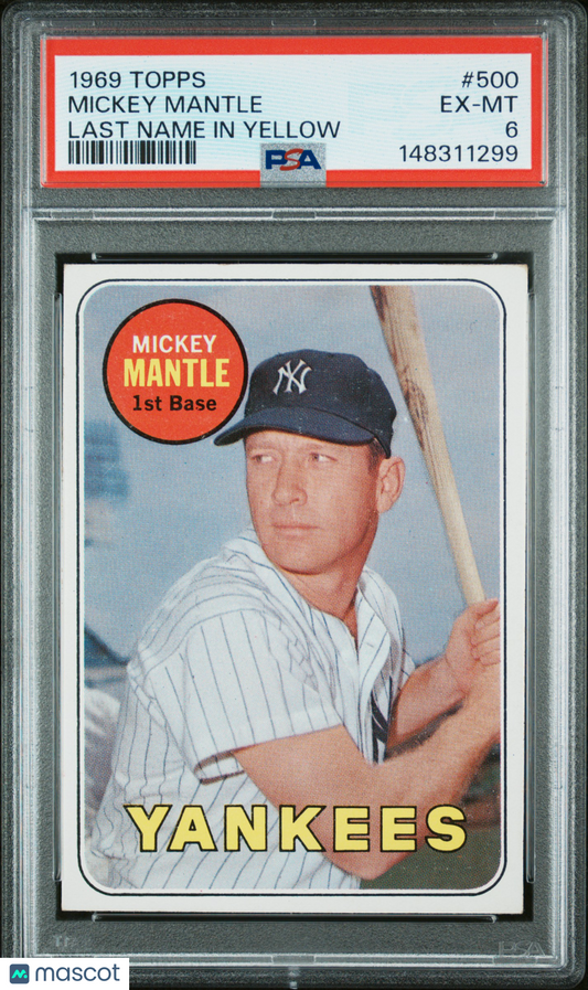 1969 Topps Mickey Mantle #500 Last Name In Yellow PSA 6