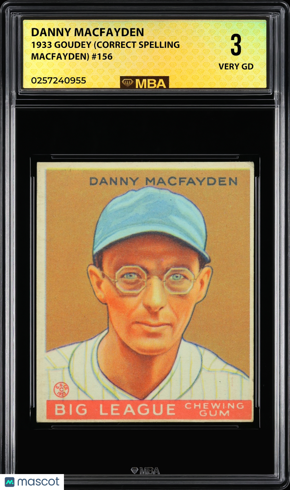 1933 Goudey Danny MacFayden #156 (Correct spelling MacFayden) MBA 3