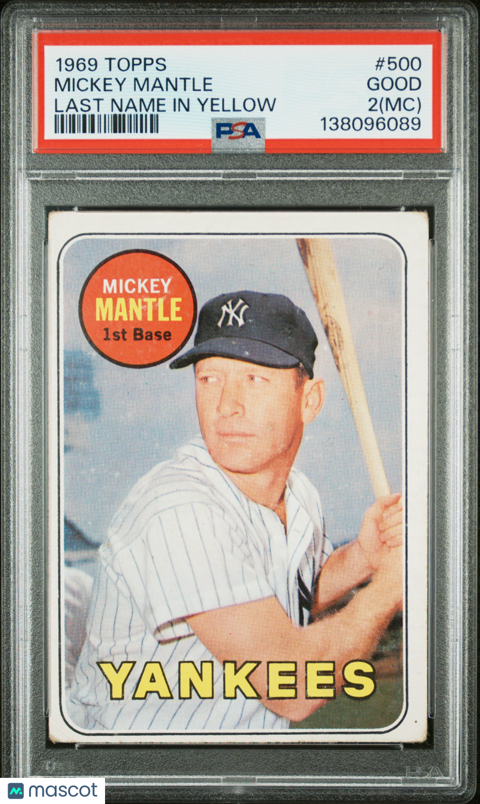 1969 Topps Mickey Mantle #500 Last Name In Yellow PSA 2 MC