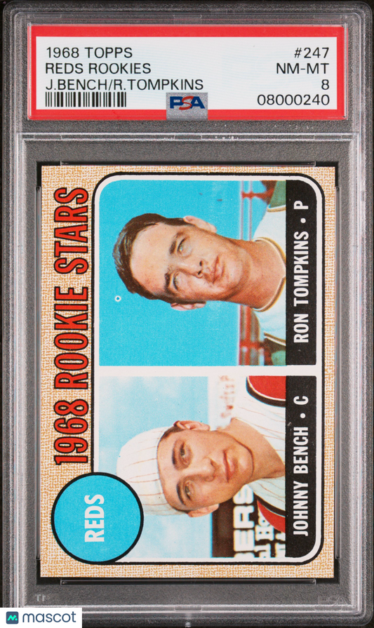 1968 Topps Reds Rookies #247 J. Bench R. Tompkins PSA 8