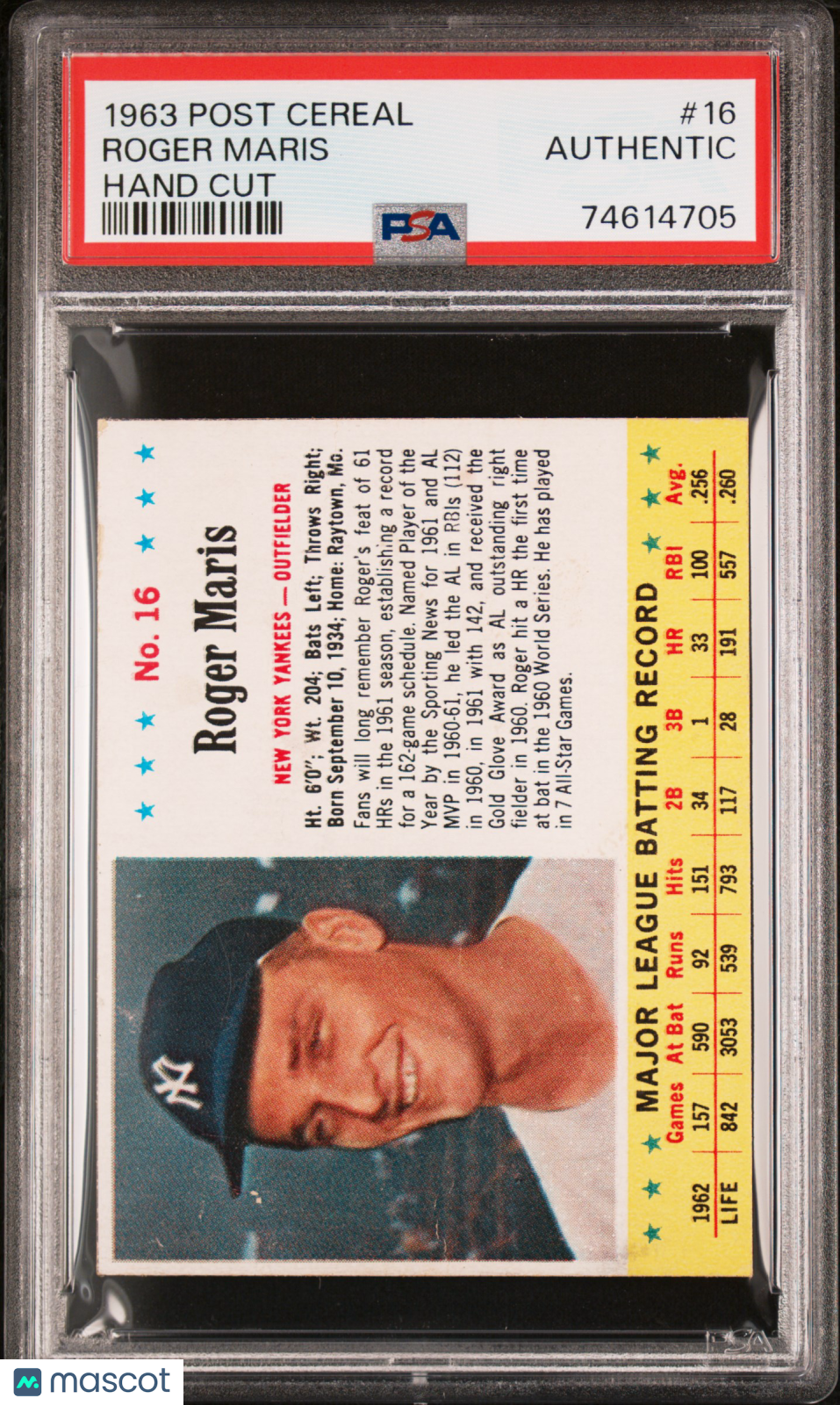 1963 Post Cereal Roger Maris #16 Hand Cut PSA A