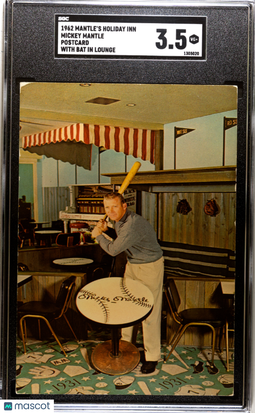 1962 Mantle's Holiday Inn Mickey Mantle Postcard With Bat Lounge SGC 3.5