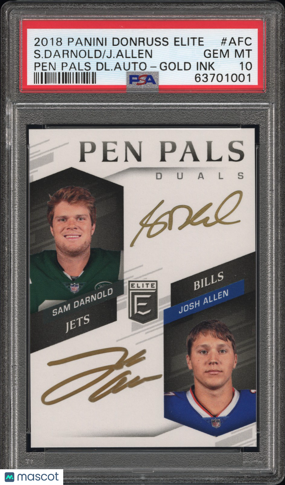 2018 Panini Donruss Elite Pen Pals Duals Auto Allen Darnold Auto Gold Ink PSA 10