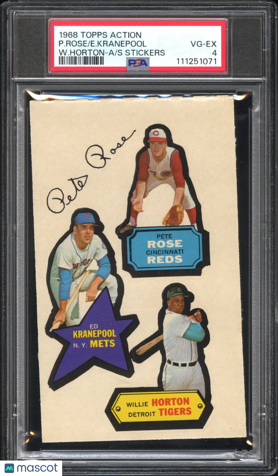1968 Topps Action All-Star Stickers E. Kranepool P. Rose W. Horton PSA 4