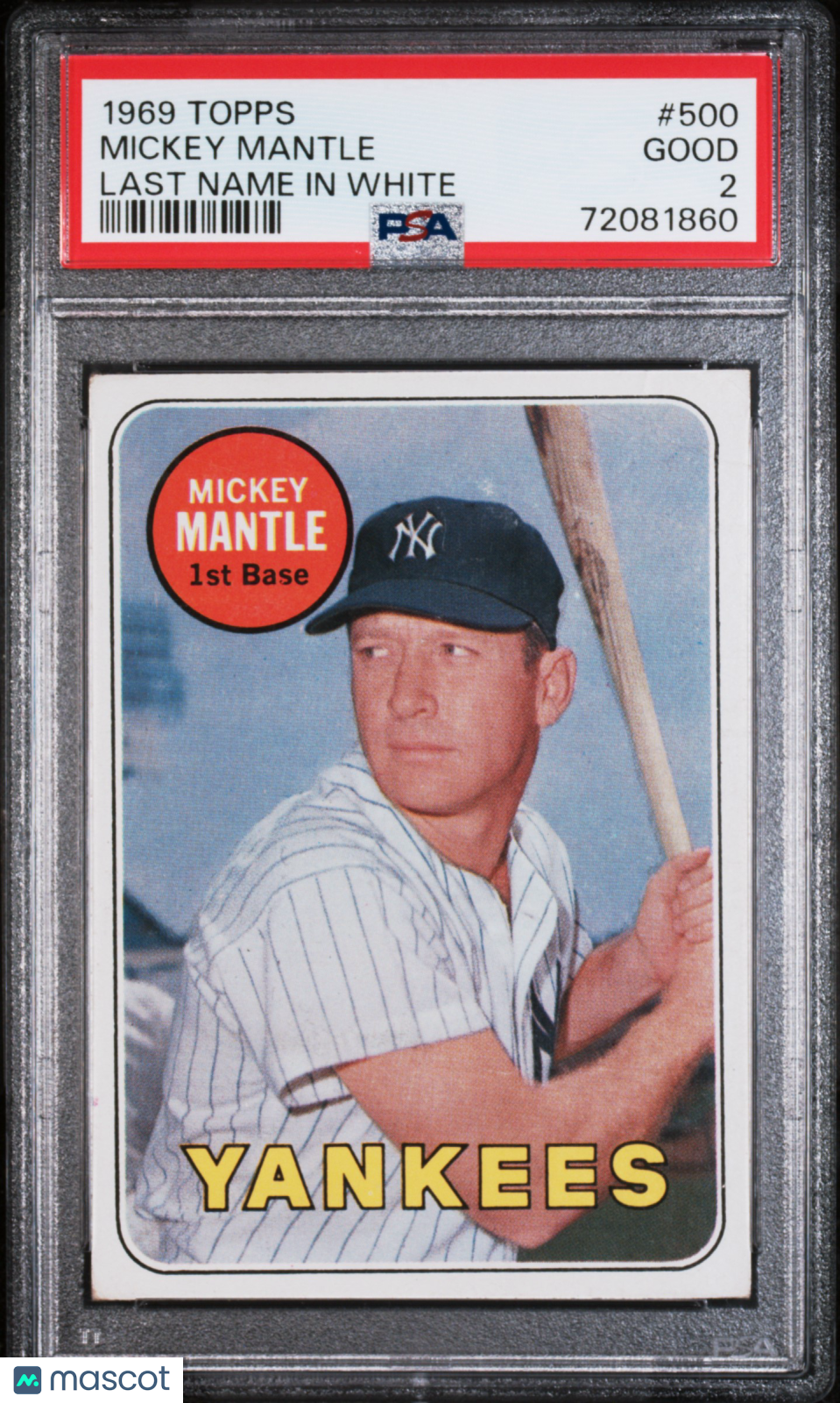 1969 Topps Mickey Mantle #500 Last Name In White PSA 2