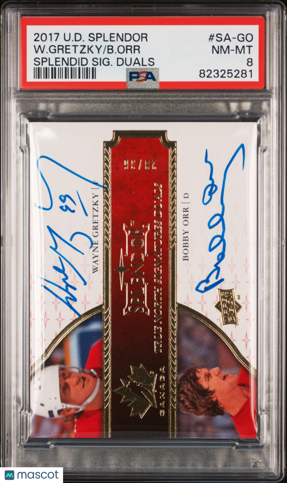 2017 Upper Deck Splendor Splendid Signatures Duals B. Orr W. Gretzky #SA-GO SIG. PSA 8
