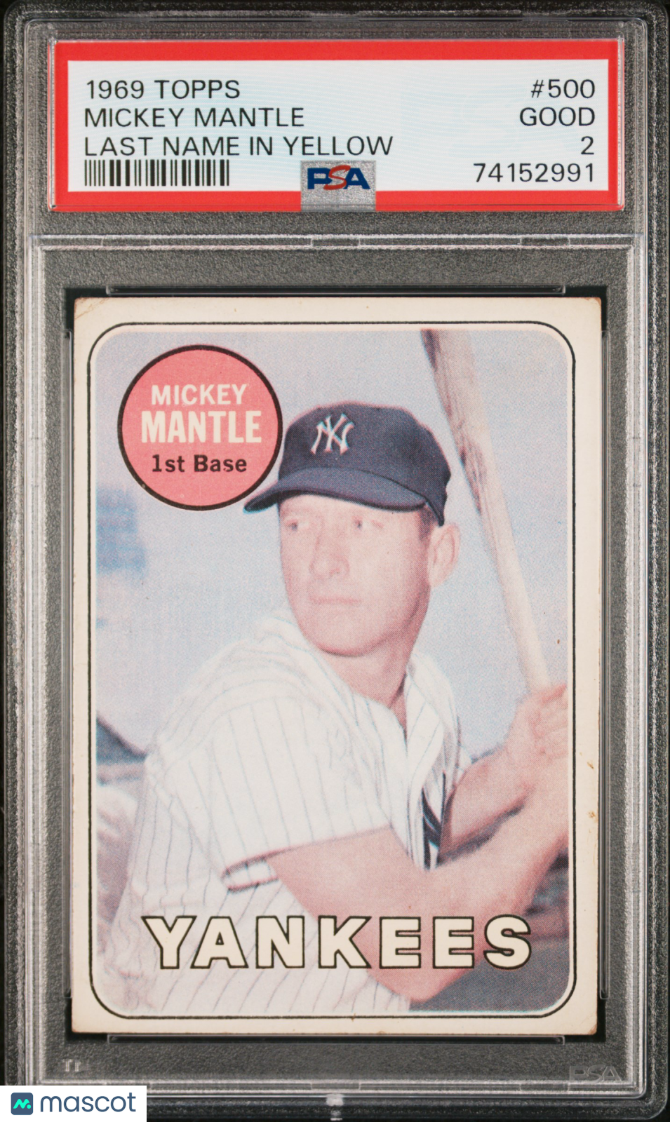1969 Topps Mickey Mantle #500 Last Name In Yellow PSA 2